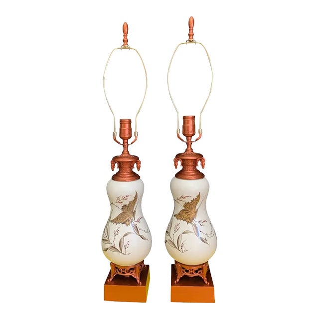 Vintage White Ceramic Gold Butterfly Table Lamps - a Pair For Sale