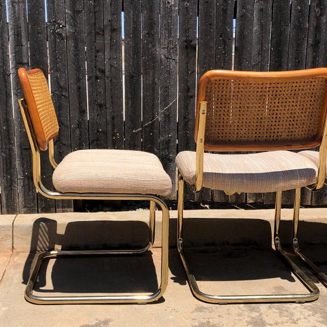 Gold 1980s Vintage Cantilever Cane Marcel Breuer Style Tubular Dining Chairs Upholstered Seats Set of 6 For Sale - Image 8 of 13
