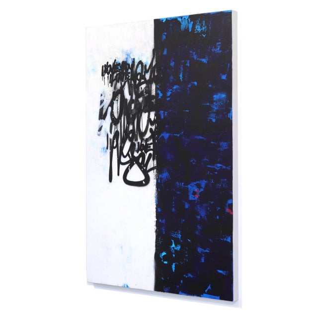 Textile Mixed Synchrony - Abstract Textured Blue and White Graffiti Pop Original Artwork by Amber Goldhammer For Sale - Image 7 of 10