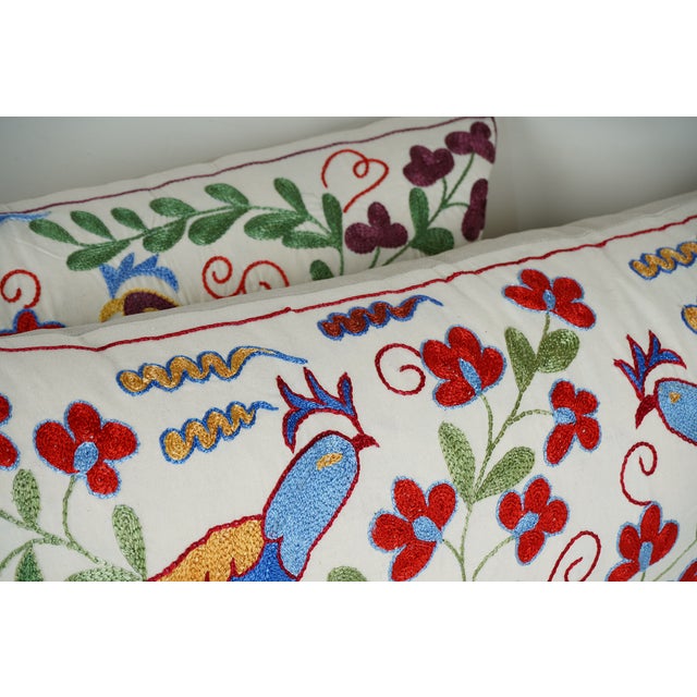 Hand Embroidered Suzani Lumbar Pillow Covers – A Pair For Sale - Image 4 of 5