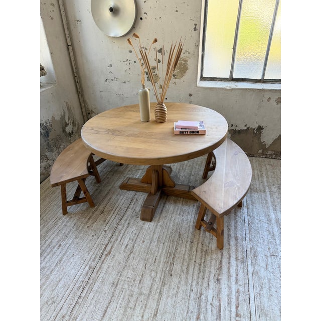 Wood Vintage Round Oak Table and Benches, 1950s, Set of 3 For Sale - Image 7 of 18