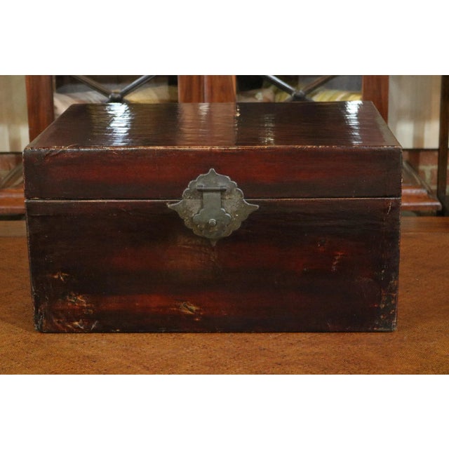 Wood 1920s Chinese Black Leather Trunk For Sale - Image 7 of 7