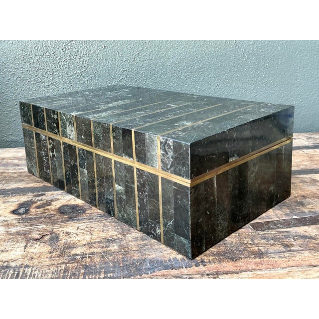 Green Vintage Tessellated Brass and Stone Box For Sale - Image 8 of 12