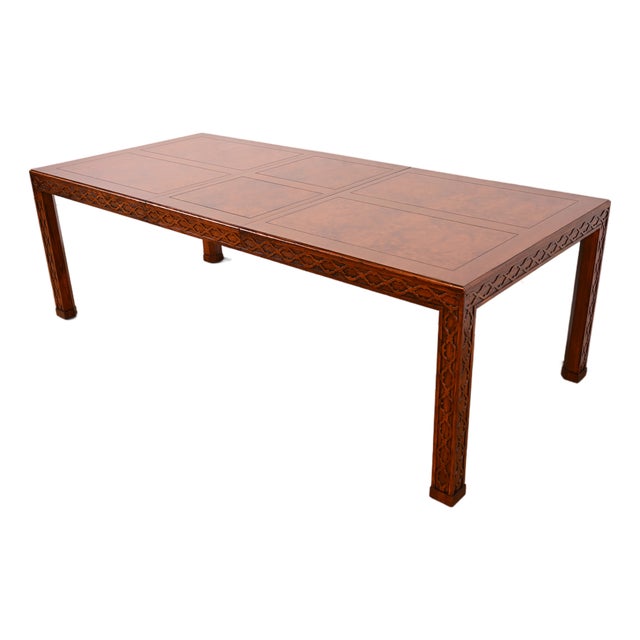 Henredon Mid-Century Modern Hollywood Regency Oak and Burl Wood Extension Dining Table, Newly Refinished For Sale