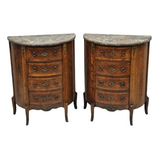 Antique French Louis XV Style Demilune Marble Top 4 Drawer Nightstand Table Pair For Sale