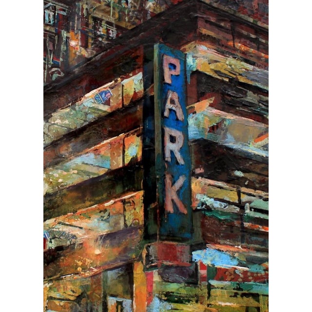 Contemporary Parkade by Josh George | Mixed media on wood panel Urban parking structure at night. For Sale - Image 3 of 5