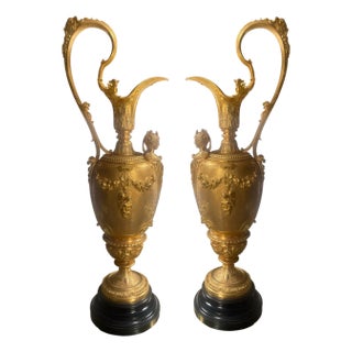 Pair of French Belle Époque Gilt Bronze Ewers on Marble Bases. Late 19th Century For Sale