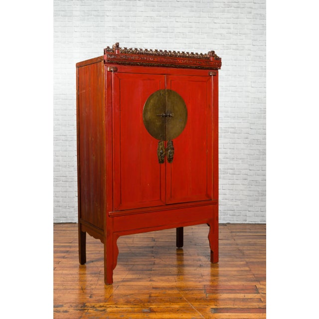 Asian Chinese Qing Dynasty 19th Century Red Lacquered Wedding Cabinet with Carving For Sale - Image 3 of 13