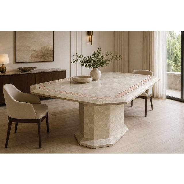 Elegant and unexpected. This stunning dining table featuring tessellated marble and inlaid brass is exactly the kind of...