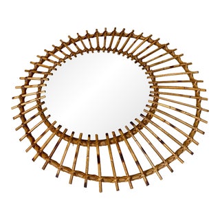 Mid Century Spanish Sunburst Or Flower Shaped Mirror In Rattan For Sale