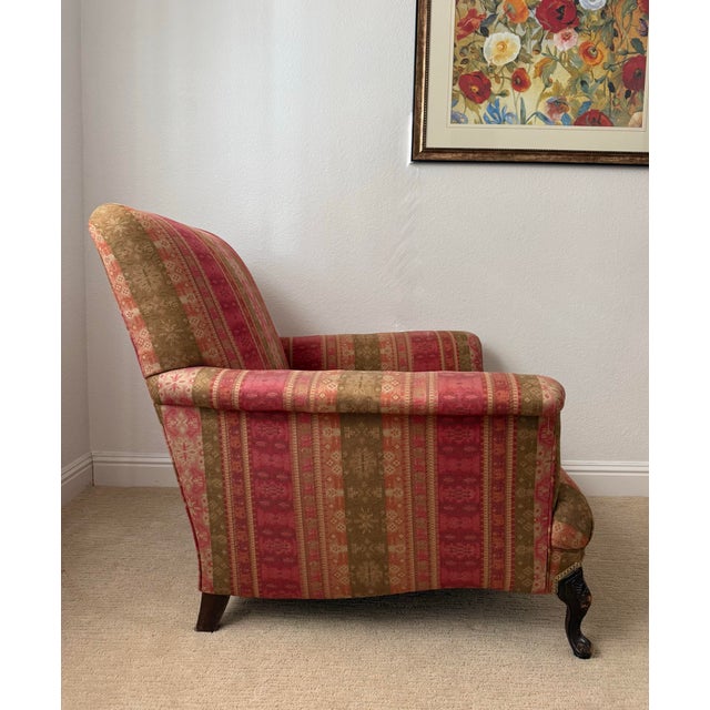 Queen Anne Vintage Traditional English Roll Arm Accent Chair in Rose & Olive Jacquard For Sale - Image 3 of 6