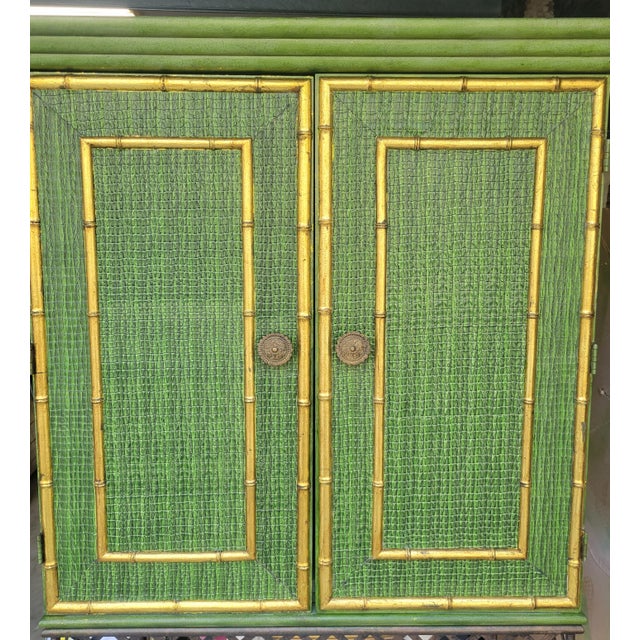 Vintage Customized Painted Green Faux Croc Faux Bamboo Iron Dry Bar Storage Cabinet by Lane For Sale - Image 13 of 18