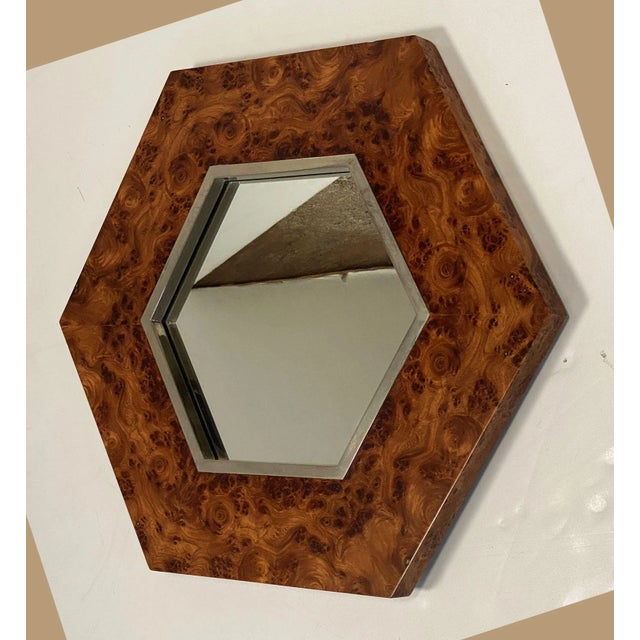 Wood French Modern Mirror of Burled Elm and Chrome (H 27 3/4 X W 24) For Sale - Image 7 of 12