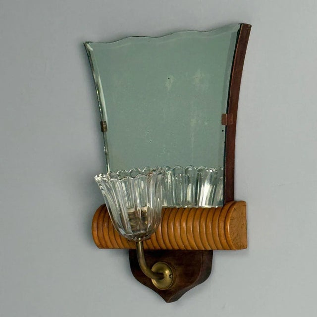 Italian Mid-Century Modern, Mirrored Wall Sconces, Brass, Wood, Italy, 1940s For Sale - Image 9 of 9