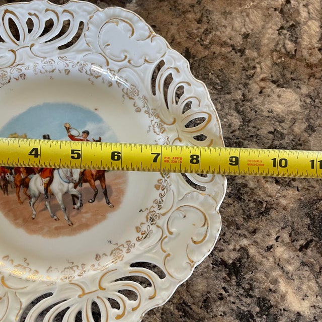 Ceramic Two Vintage Reticulated Equestrian Fox Hunt Scene Porcelain Plates With Gold Accents English British Collectible Decorative Gesetzlich Geschutzt For Sale - Image 7 of 8