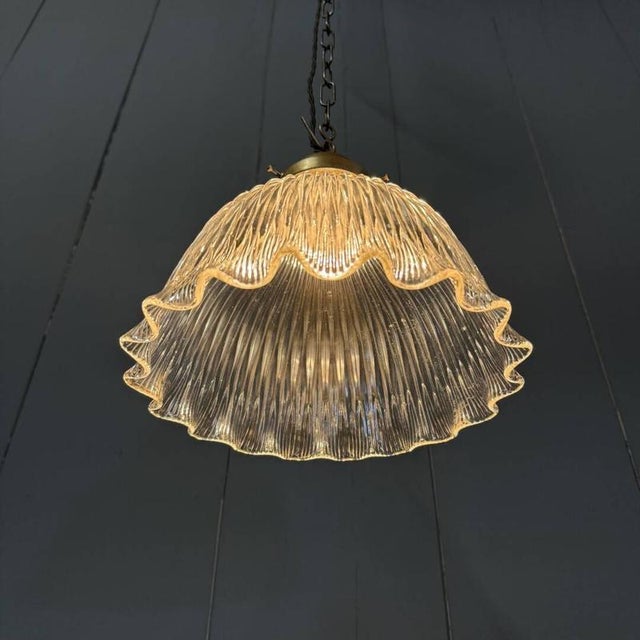 Asteroid Pressed Glass Holophane Pendant Lamp with Brass Fixture, 1920s For Sale - Image 4 of 18