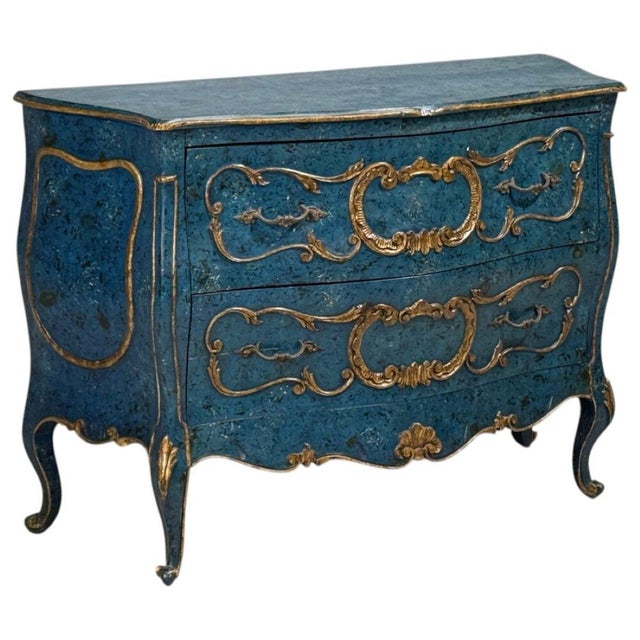 Royal blue and parcel-gilt decorated Bombay commode, nightstand or chest. This fine hand painted dramatic commode or chest...