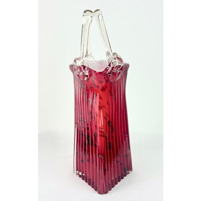 Vintage Murano Style Ruby Red Art Glass Purse Vase With Clear Handle & Aventurine Flecks For Sale In Portland, OR - Image 6 of 12