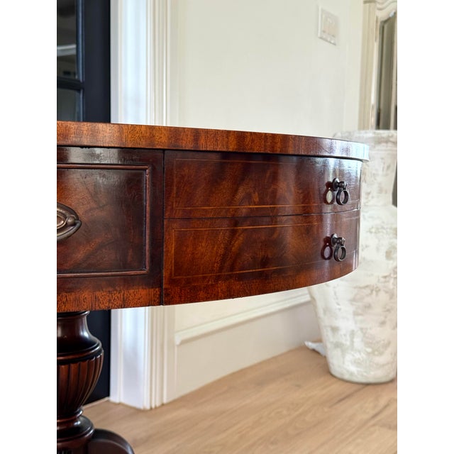 Brick Red Grand Vintage Regency Drum Table – Mahogany Finish Library & Living Room Accent For Sale - Image 8 of 12