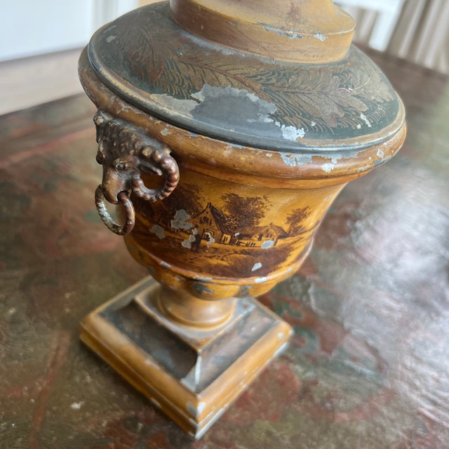 Antique Early 19the Century Dutch Tole Covered Urn With Ochre in Painted Design For Sale - Image 4 of 9