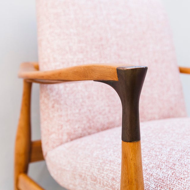 Vintage Mid Century Walnut Scoop Lounge Chair With Brass Accents For Sale - Image 4 of 12