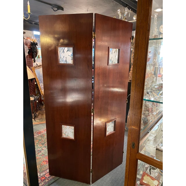 Vintage Art Deco Style Mahogany Etched Glass Three Panel Room Divider Screen For Sale - Image 12 of 13