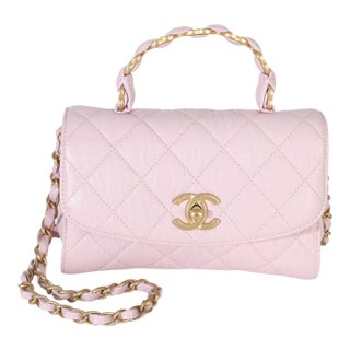 Light Pink Quilted Crumpled Lambskin Mini CC Links Top Handle Flap Bag For Sale