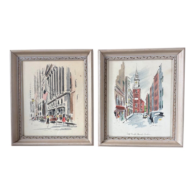 1950s Mid-Century Modern John Haymson Cityscape Framed Serigraphs - Pair For Sale