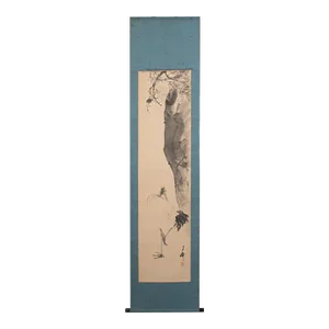 Late Meiji to Early Showa Era Japanese Monochrome Watercolor Scroll Painting, "Red-Crowned Crane and the Plum Tree"