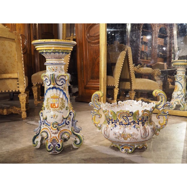 19th Century Hand Painted Faience Jardiniere on Pedestal From Boulogne, France For Sale - Image 12 of 13