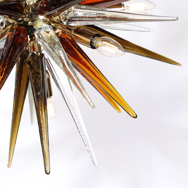 2020s Modernist Mixed Hand-Blown Murano Glass Spike Form Sputnik Chandelier W/ Brass For Sale - Image 5 of 18
