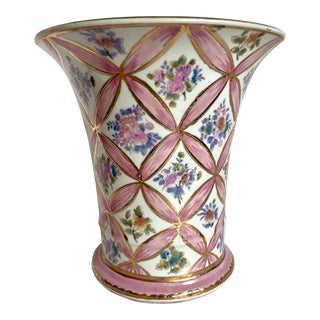 1980's Andrea by Sadek Pink Ribbon and Floral Porcelain Vase For Sale