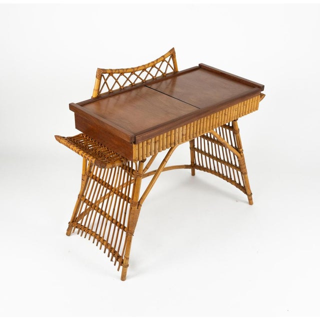 Mid-Century Desk or Console Table in Rattan, Bamboo and Wood by Audoux Minet, Italy 1960s For Sale - Image 8 of 18