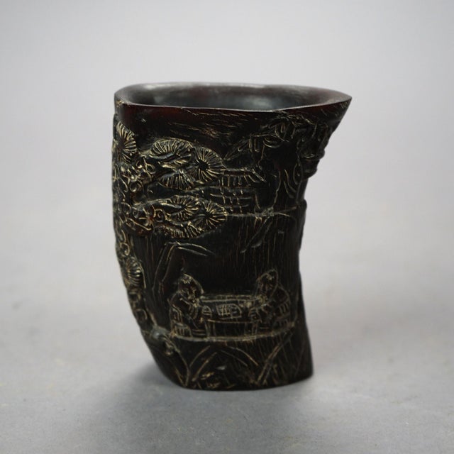 Asian Carved Libation Cup, Genre Scene with Men in Chess Game, Early 20th Century For Sale - Image 4 of 7