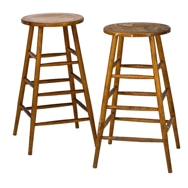 Wood Vintage 1940s Pair of (2) 29.25" Tall Wood Artist Studio Stools For Sale - Image 7 of 18
