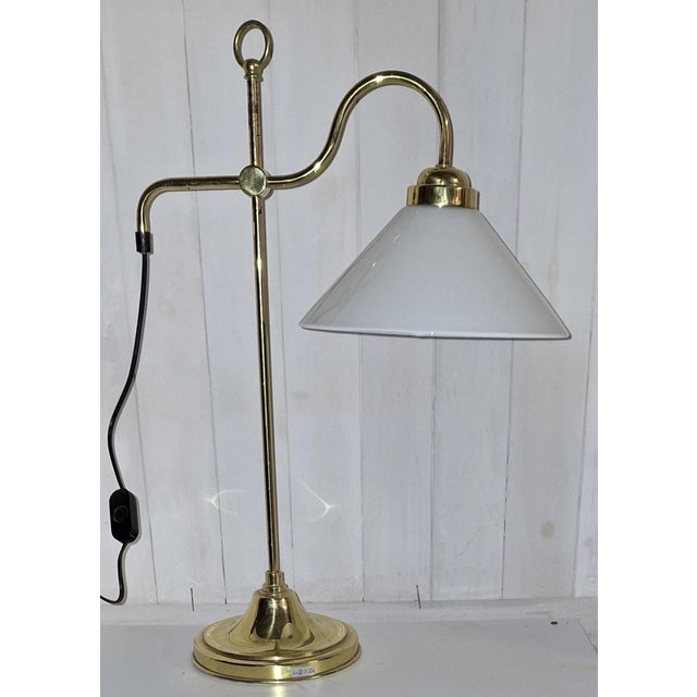 Vintage Adjustable Brass Table Lamp with Opaque White Glass Shade, 1980s, in Very Good conditions. Designed 1980 to 1989...