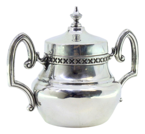 Silver Sugar Bowl with Grooved Handles and Knob Lid