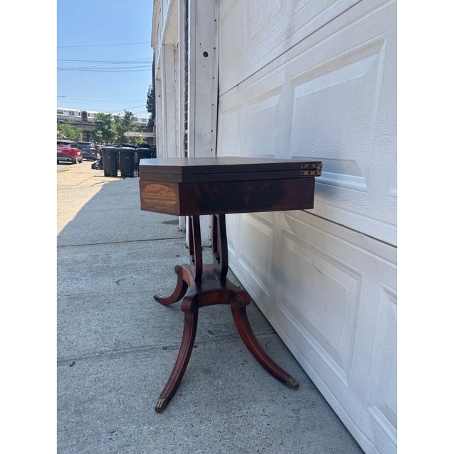 Traditional Mid 20th Century Federal Revival Mahogany Lyre Base Flip Top Games Table For Sale - Image 3 of 11