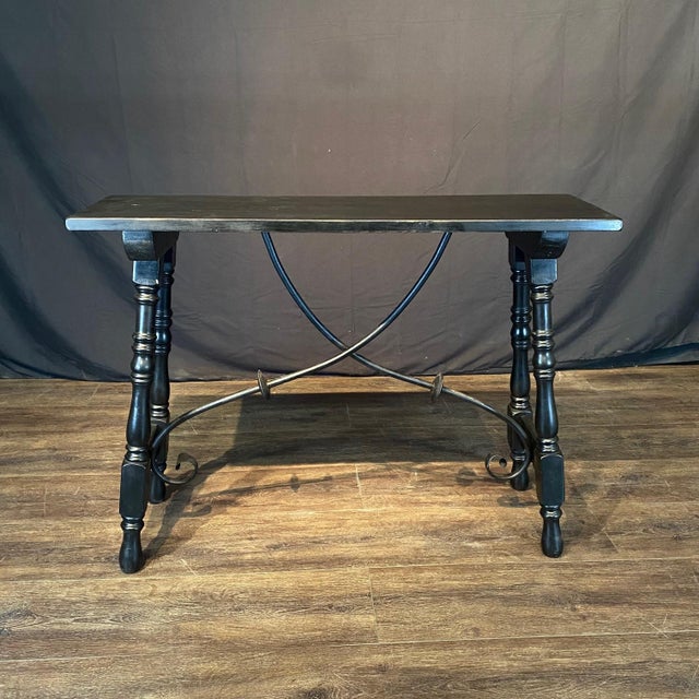 Ebonized Wood Spanish Console Table or Sofa Table With Iron Stretcher For Sale In Portland, ME - Image 6 of 8