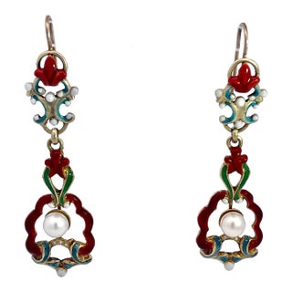 1930s Antique Enamel and Pearl Dangle Earrings, A Pair For Sale