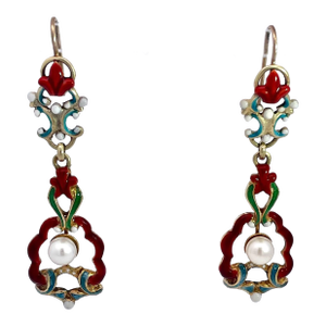 1930s Antique Enamel and Pearl Dangle Earrings, A Pair