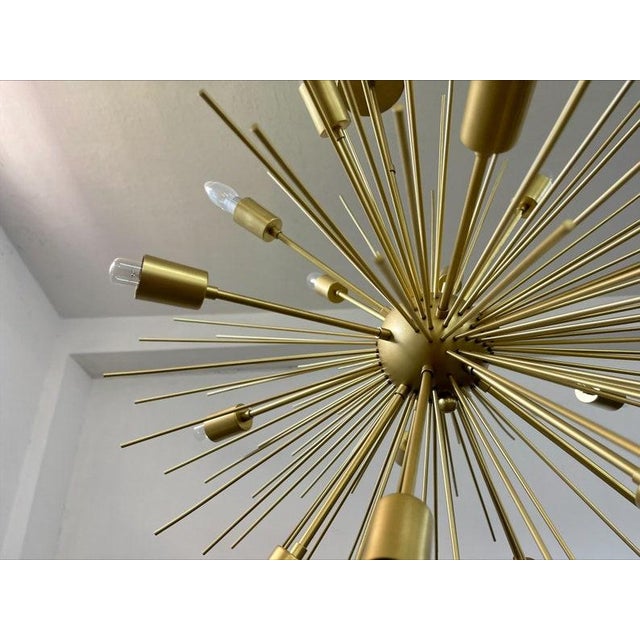 Mid Century Modern Brushed Brass Sputnik Chandelier | Starburst Pendant Light Fixture | Modern Chandelier | For Sale - Image 6 of 9