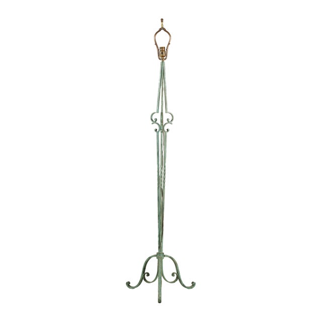 Vintage Verdigris Wrought Iron Floor Lamp with Scrolled Base and Tapered Lines For Sale - Image 14 of 18