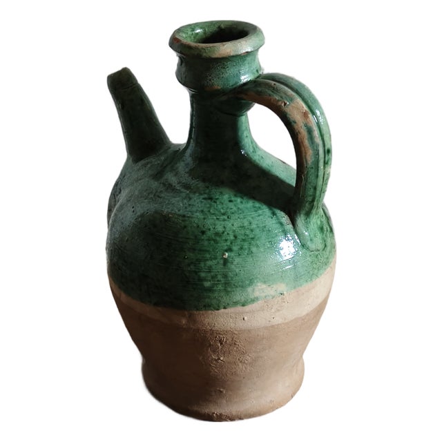 Small Mediterranean Jug in Green Glazed Terracotta, Southern Italy, 1890s For Sale