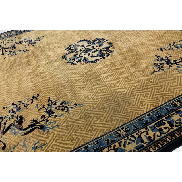 2020s Antique Chinese Imperial-Style Dragon & Fretwork Wool Rug With Indigo Accents For Sale - Image 5 of 12