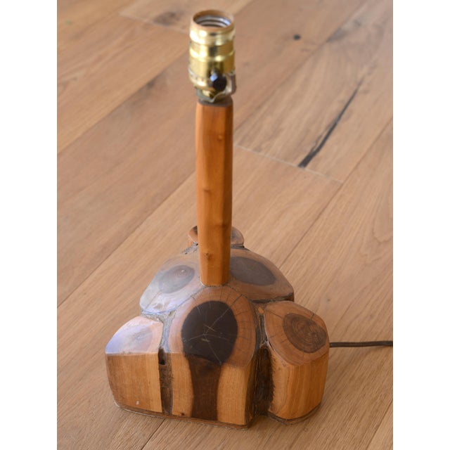 Vintage Brutalist Rustic Carved Wood Log Cluster Table Lamp For Sale - Image 4 of 11