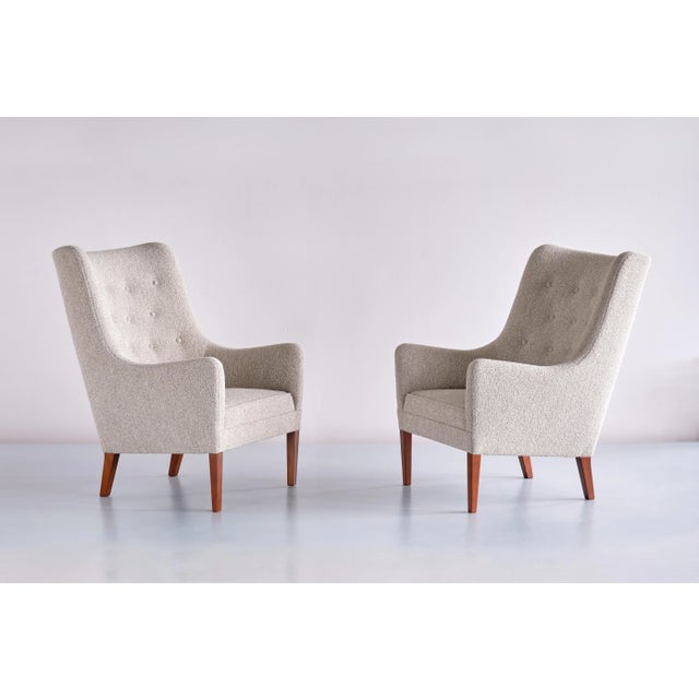 Set of Bouclé & Mahogany High Back Armchairs by Jacob Kjær, Denmark, 1940s For Sale - Image 6 of 14