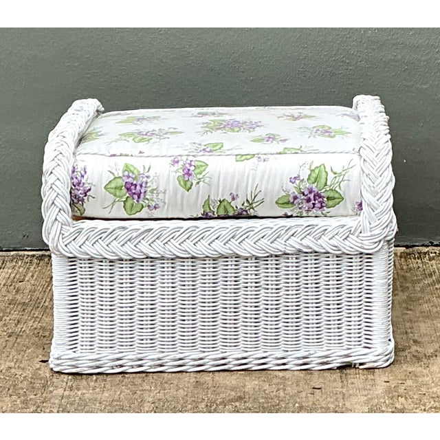 Antique White Vintage Braided White Rattan Ottoman For Sale - Image 8 of 12