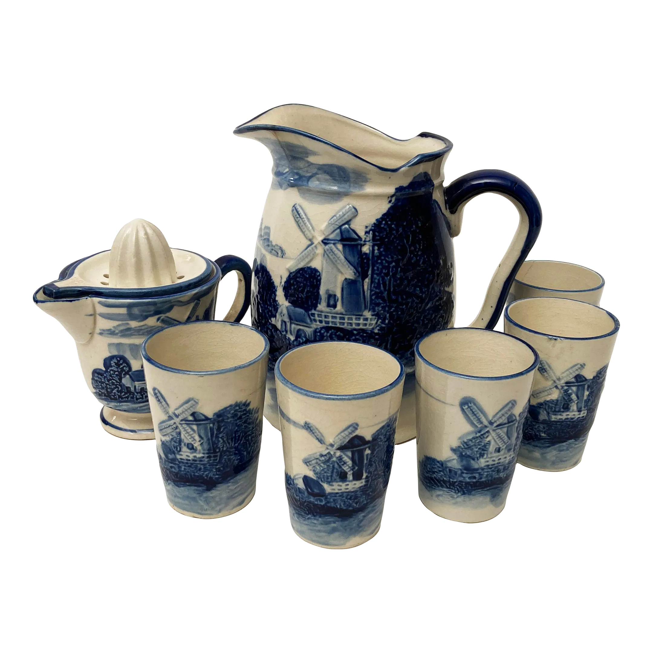 Vintage Blue White Ceramic Delft Milk/Water Pitcher, 5 Juice Cups