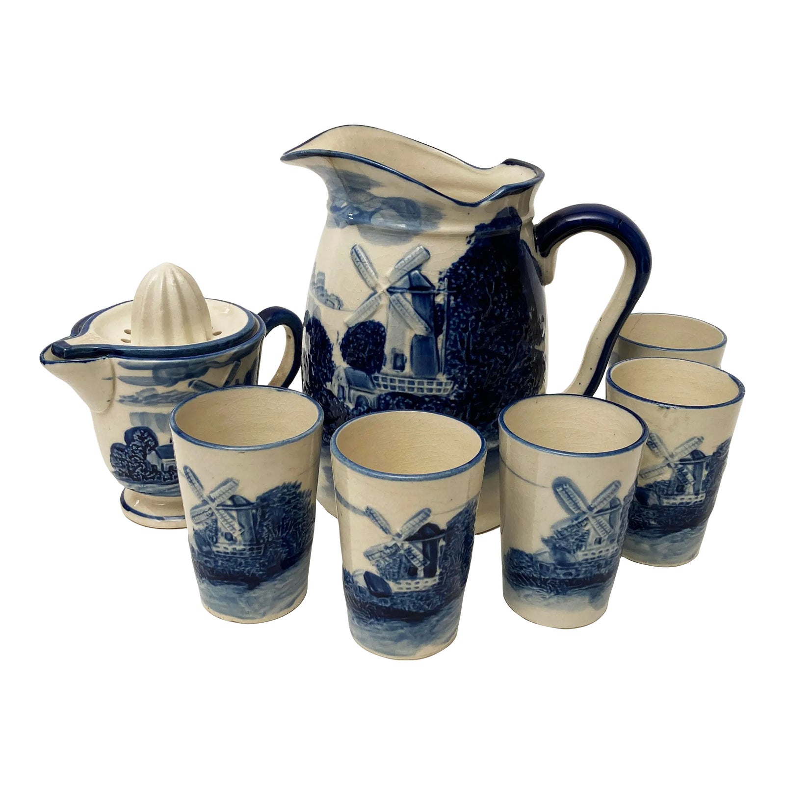 Vintage Blue White Ceramic Delft Milk/Water Pitcher, 5 Juice Cups